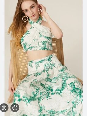 Joie Cream and Green Toile Maxi Skirt